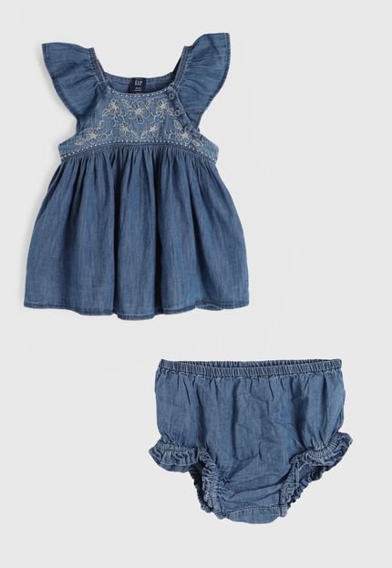 produtoConjunto 2pçs Manga Curta GAP Vestido E Calcinha Bordado Azul